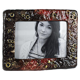 Red and bronze textured photo-frame cremation urn in artistic ceramic