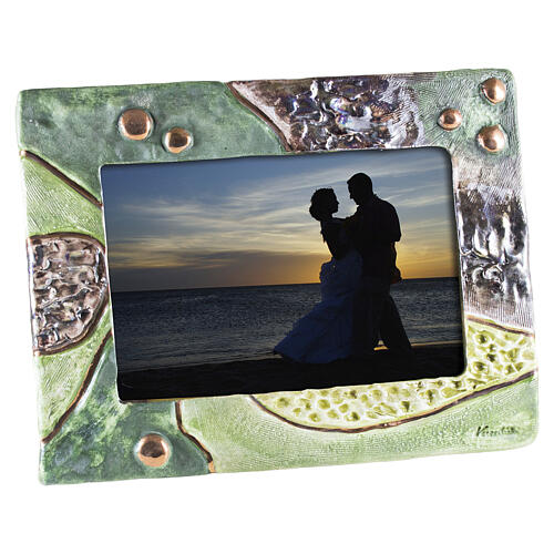 Green and bronze mosaic photo-frame ceramic keepsake urn, artisan ceramic 1