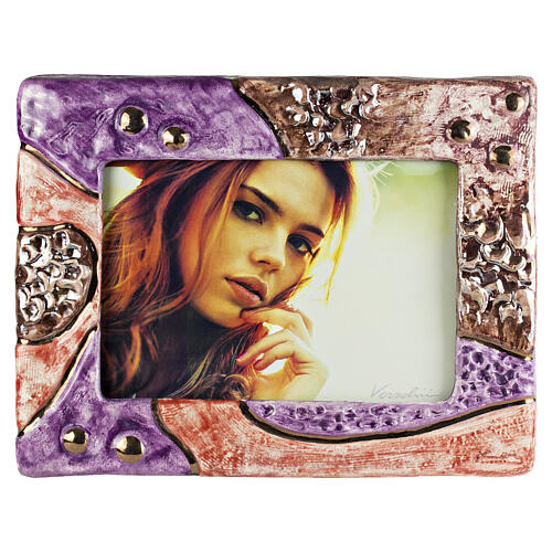 Lilac and bronze mosaic photo-frame ceramic cremation urn, artisan made 1