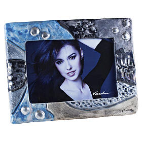 Urna cineraria doppia con portafoto mosaico blu e argento ceramica artistica