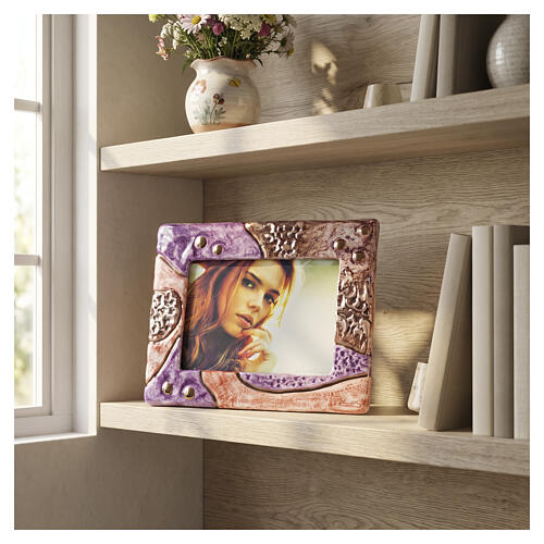 Urne cinéraire double avec cadre photo mosaïque lilas et bronze en céramique artistique 2