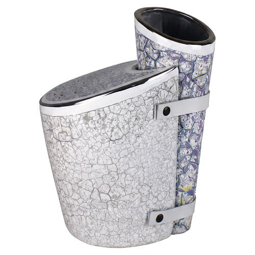 Grey crackle-effect ceramic cremation urn with integrated flower holder, artisan made 1