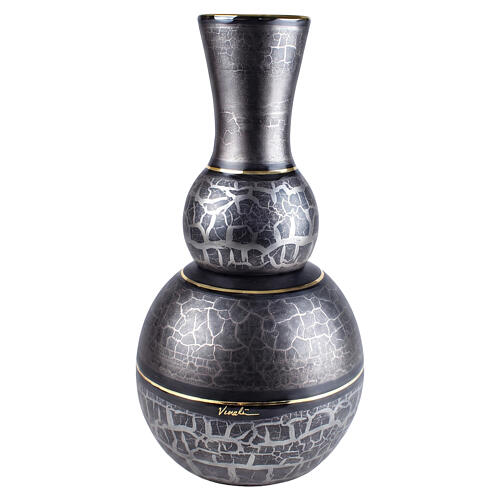 Anthracite crackle-effect ceramic cremation urn with inserted vase, artisan-made 1