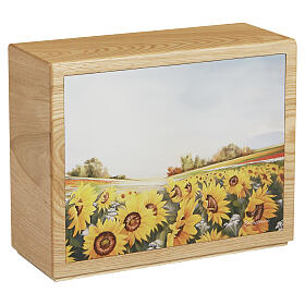 Urna cinerária «Girasoli», em madeira de castanheiro, linha Dona, com revestimento em couro, 25x30x10 cm