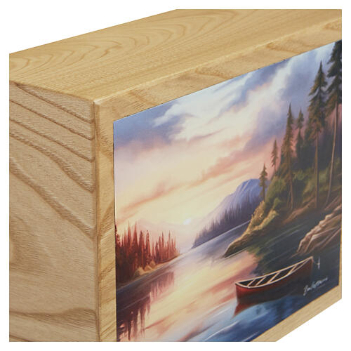 Urna cinerária linha Dona «Crepúsculo», em madeira de castanheiro, com painel em couro pintado à mão, 25x30x10 cm 2