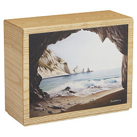 Urne cinéraire « Orizzonte » en bois de châtaignier, gamme Dona, panneau en cuir, 25x30x10 cm