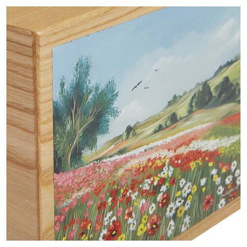 Urna cinerária «Idillio», em madeira de castanheiro, linha Dona, com painel em couro pintado à mão, 25x30x10 cm 2