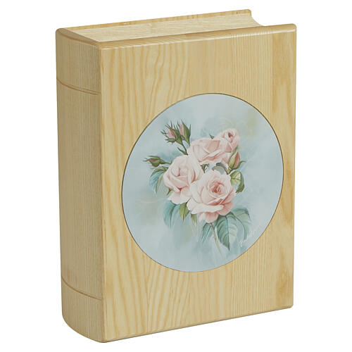 Rose book cremation urn with leather applique, Unica Line, Ash wood 30x25x10 cm 1