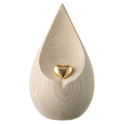 Teardrop Cinerary Urn in Val Gardena Ash Wood with Gold Heart 1