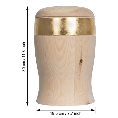 Urna cinerária linha Cielo em madeira de pinus cembro com friso dourado Val Gardena 3
