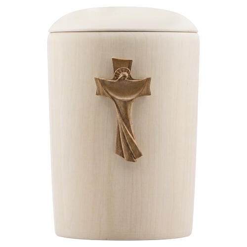 Limewood cremation urn, Val Gardena "Speranza" line, with burnished cross 1