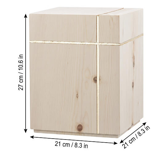 Val Gardena cremation urn, Silenzio line, Swiss stone pine wood with gold cross 3