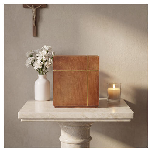Cube Cremation Urn with Gold Cross in Burnished Val Gardena Basswood 2