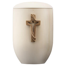 Pace line cremation urn in limewood with burnished Cross of the Peace, Val Gardena