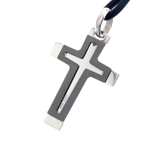 Croce Argento 925 bicolore laccio caucciù 3