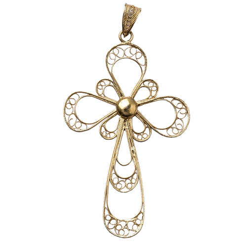 Cross in 800 silver filigree, gold plated 1