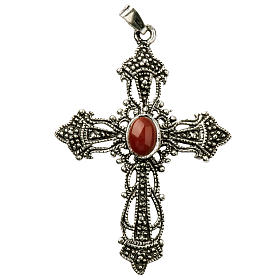 Pendant cross in bronzed silver and coral
