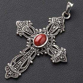 Pendant cross in bronzed silver and coral