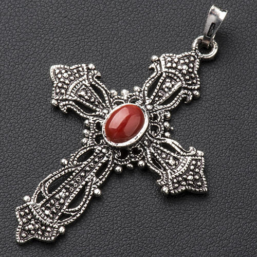Pendant cross in bronzed silver and coral 2