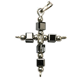 Pendant cross in silver with cubic hematite beads