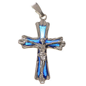 Pendant crucifix in silver with blue enamel