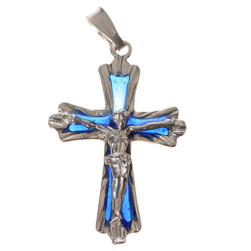Pendant crucifix in silver with blue enamel 3