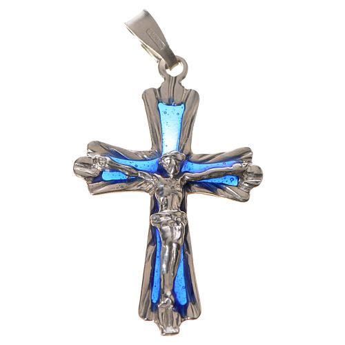 Pendant crucifix in silver with blue enamel 1