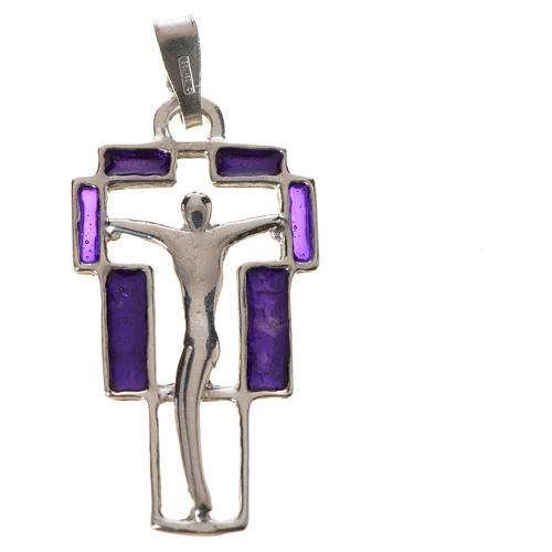 Pendant crucifix in silver and purple enamel 4