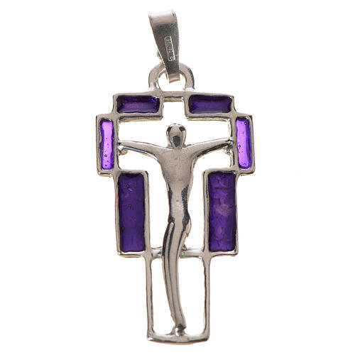 Pendant crucifix in silver and purple enamel 1