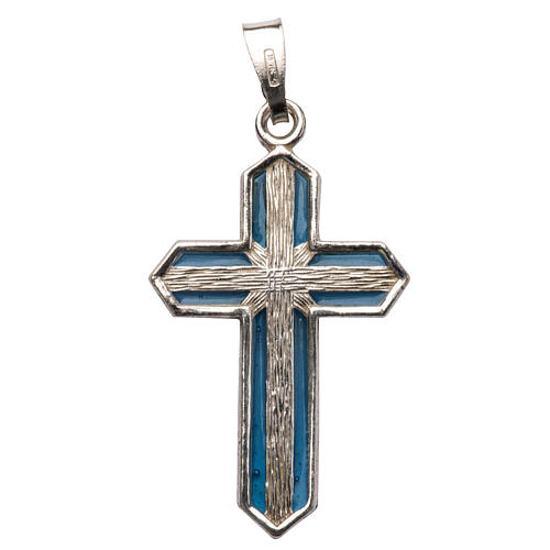 Pendant crucifix in silver and light blue enamel 1