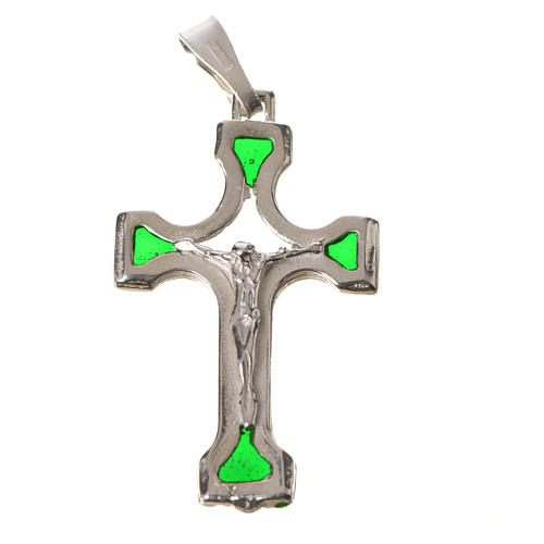 Pendant crucifix in silver and green enamel 4