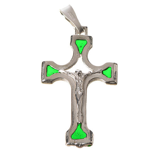 Pendant crucifix in silver and green enamel 1