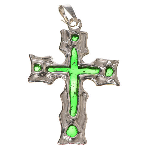Pendant cross in 925 silver and green enamel 1