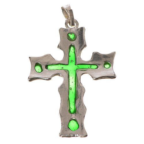 Pendant cross in 925 silver and green enamel 2