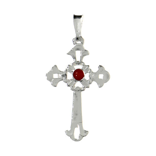Pendant, perforated cross in silver, coral, Gothic style 1