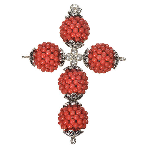 Red coral cross pendant with 1,5 cm pearls 1