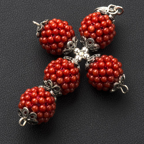 Red coral cross pendant with 1,5 cm pearls 2