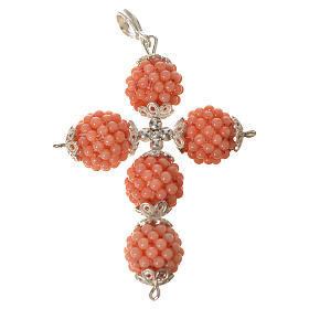 Pink coral cross pendant 1.5 cm pearls