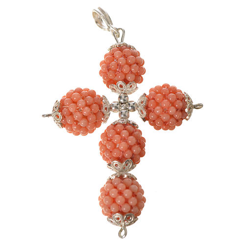 Pink coral cross pendant 1.5 cm pearls 1