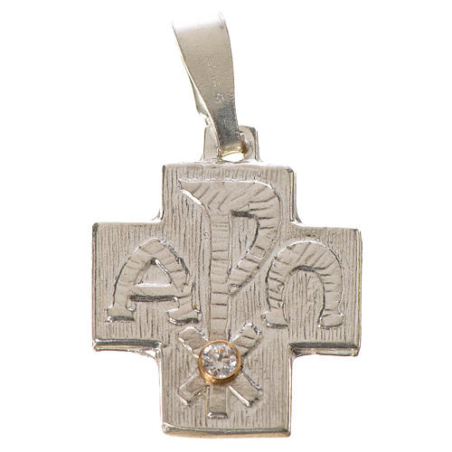 Pendant cross in silver, Alpha Omega with zircon 1