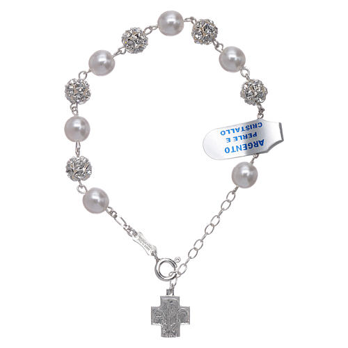 Bracelet One Decade rosary beads,  rhinestones pearl 925silver 1
