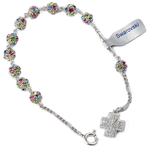 Bracelet, One Decade rosary beads, multicoloured rhinestone ball 1
