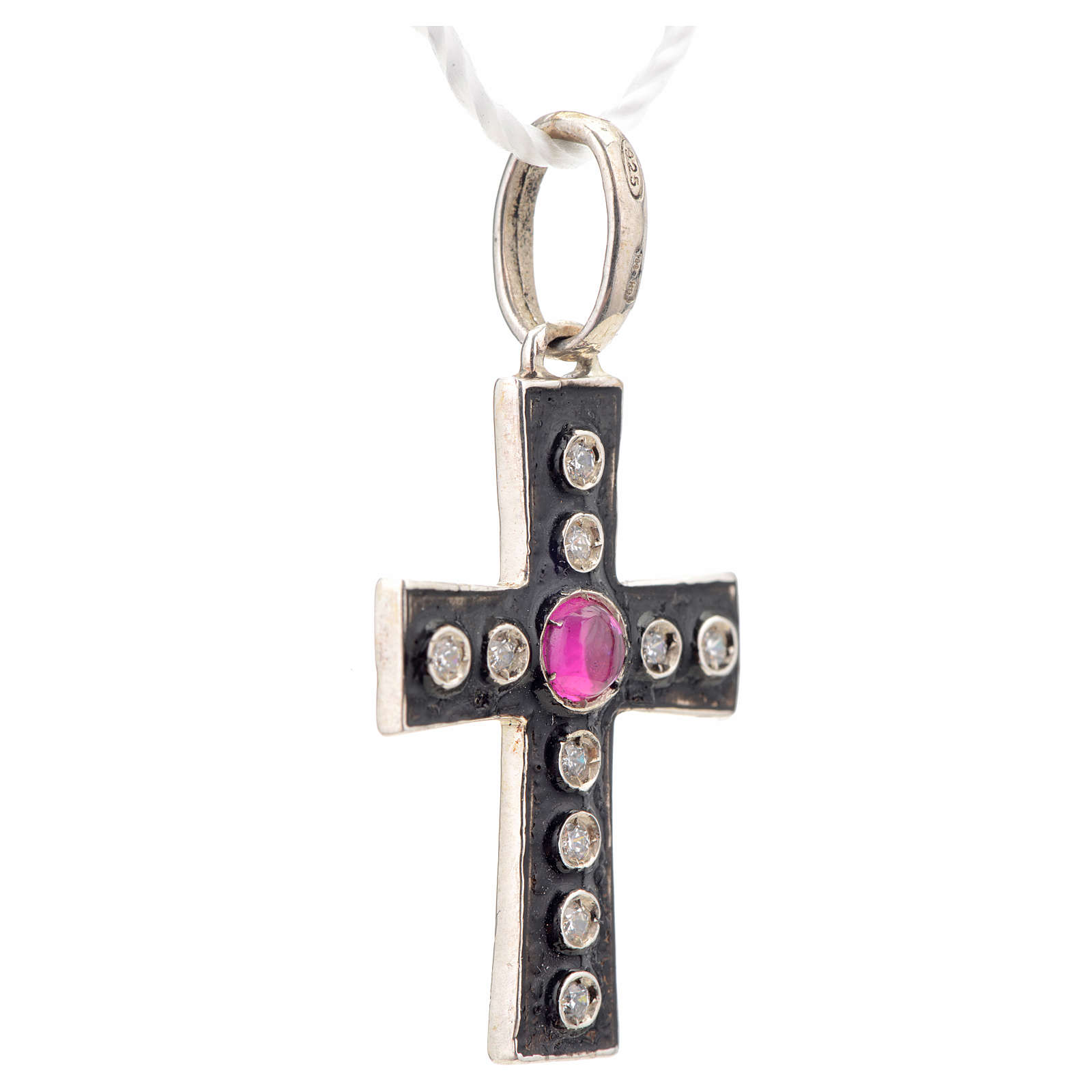 Pendant Romanesque cross, sterling silver, rhinestones, red ston ...