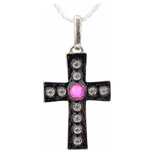 Pendant Romanesque cross, sterling silver, rhinestones, red ston 4