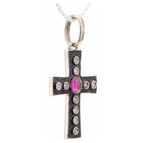 Pendant Romanesque cross, sterling silver, rhinestones, red ston 5
