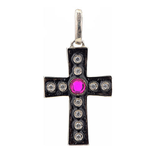 Pendant Romanesque cross, sterling silver, rhinestones, red ston 1