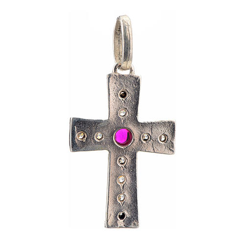 Pendant Romanesque cross, sterling silver, rhinestones, red ston 3