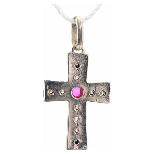 Croce romanica in argento 925 con strass e pietra rossa 6
