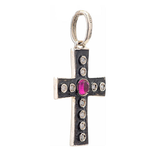 Pendant Romanesque cross, sterling silver, rhinestones, red ston 2