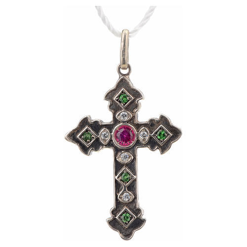 Pendant cross in sterling silver with red and green stones 4